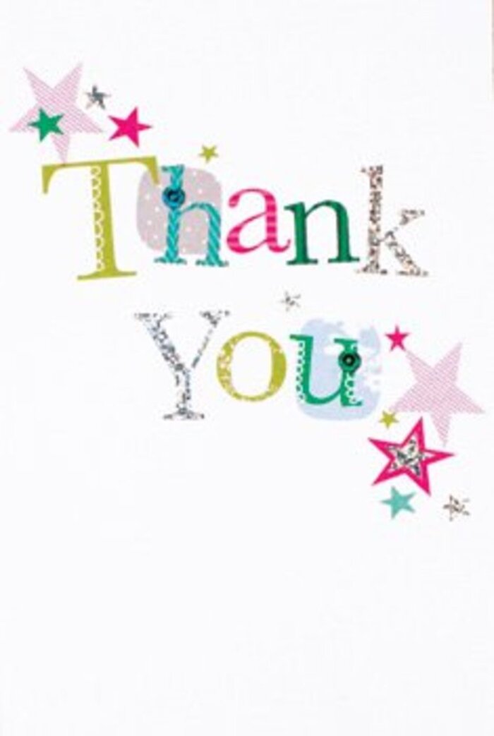 This thank you card, set against a backdrop of crisp, luminous white, offers quiet exuberance reminiscent of a breezy afternoon along Woodside Park's leafy avenues. Each letter forming 'Thank You' is uniquely styled-some whimsical with polka dot patterns and lively curves, others exuding sophistication with their musical shapes-every hue reflecting the natural vibrancy of local gardens: cool blue, vivid fuchsia, lime zest, with dashes of silver gleaming under the light. Sparkling stars clustered around the greeting shimmer in pink stripes, turquoise, and metallic silver, bestowing a festive air much like the sense of community that thrives around Friary Park or Woodside Park station. The overall design feels contemporary and inviting, balancing playful details with an underlying elegance that suits both casual and formal notes of appreciation. A tactile delight, the combination of finishes hints at the artisan quality found at Woodside Park Florist. Set beside a freshly arranged bouquet from our team, this card delivers heartfelt gratitude that is as uplifting and memorable as any personal gesture shared among neighbours in our North London community.