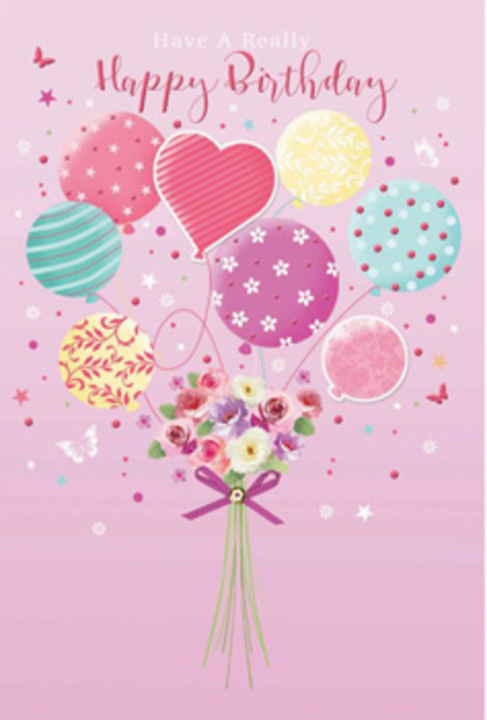 This birthday card artwork presents a scene so airy and uplifting that it feels like a bouquet drifting above the tree-lined avenues of Woodside Park. The canvas is painted in a soft, powdery pink, creating a serene backdrop that allows every colour and detail to shine. At the bottom, a petite bouquet of fresh flowers forms the anchor for the entire design. Small roses and anemone-like blossoms gather closely together, their petals shaded from warm cream and blush to a gentle mauve, giving a sense of depth and tactile softness. The flowers are gathered with the care of an expert florist, the stems aligned and tied snugly with a rich purple satin bow that glints subtly, suggesting a smooth, silky texture to the touch. From this bouquet rise slender, curling strings that connect to a delightful collection of pastel balloons. Each balloon feels unique, decorated with cheerful motifs: some show candy-cane stripes winding around their surface, others are sprinkled with dots, tiny hearts, or star-shaped accents, reminiscent of confetti floating at a birthday gathering. The colour palette is perfectly balanced - sea green and teal blend with lemon yellow, dusky rose, and lavender - echoing the flower tones so that nothing feels out of place. A heart-shaped balloon at the centre radiates warmth, as though quietly saying, "you are loved" to the birthday celebrant. Imagined sunlight seems to flow from the top corner, accentuating the gentle shine of the balloons and the translucent edges of the petals. The whole composition suggests movement and joy, yet remains elegant and controlled, much like a bespoke birthday bouquet from Woodside Park Florist, created to bring happiness and a sense of occasion to someone's special day.