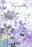 This sympathy card unfolds like a soft-spoken verse, its imagery echoing the quiet beauty of the natural corners around Woodside Park at twilight. Across the card, airy silhouettes of wildflowers stretch toward the upper edge, rendered with fine, graceful stems that taper into intricate umbels of tiny blossoms. The blooms themselves are tinted in cool harmonies of lavender, indigo, and powder blue, with delicate variations in shade that suggest petals catching different facets of gentle light. Behind them, a wash of watercolour drifts from pale violet into muted green, blurring into a dreamlike suggestion of distant fields and parkland without any hard outlines. This diffused background gives the impression of a calm evening sky settling around the flowers. Subtle traces of extra petals and leaves float faintly at the edges, adding depth without distracting from the central stems. Among the blossoms, small butterflies hover, their nearly transparent wings traced in the lightest lilac and grey, as if they are only briefly pausing before continuing their unseen journey. They lend a feeling of transformation and comforting presence, a tender metaphor for the loved ones we hold in memory. The overall palette is cool but gentle, soothing rather than stark, much like the comfort of walking slowly through Woodside Park's leafy streets after attending a memorial service, wrapped in shared recollection. In an elegant, flowing script, a simple message of sympathy would sit above or beside the illustration, weaving words into this visual embrace. For families in Woodside Park, this card pairs naturally with a thoughtfully arranged condolence bouquet, offering an understated, nature-led way to express sorrow, support, and enduring care.