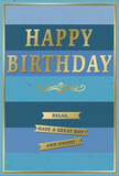 This birthday card presents a soothing interplay of blue and gold, the sort of tasteful design you might choose for a relaxed Woodside Park gathering with close friends and family. The background features generous horizontal stripes that fill the card from side to side, each band fading seamlessly into the next. At the top, a strong navy stripe sets a deep, steady tone before lightening into layers of denim, ocean, and finally soft sky blue at the base. The effect feels like looking across a succession of quiet horizons, peaceful and grounding. Positioned centrally, the greeting "HAPPY BIRTHDAY" is embossed in tall, upright gold letters that gently catch and reflect the light. The metallic finish adds a sense of occasion, yet the restrained design keeps everything feeling calm and composed. Just beneath the main text, a single, elegant golden flourish sweeps across, its curved lines echoing refined calligraphy. Lower down, three slim gold banners are neatly arranged in a vertical stack, each ribbon embossed with warm, easy-going wishes: "Relax, have a great day and enjoy!" These banners echo the horizontal theme of the background, creating a pleasing visual rhythm. A fine gold border encloses the entire design like a subtle frame, drawing the eye inward and giving the card a polished, considered look. The surface appears smooth and almost velvety, with the raised gold embossing adding a gentle tactile contrast. Imagined next to a fresh bouquet delivered locally in Woodside Park-maybe set out on a hallway table catching soft daylight-this card feels like a quiet promise of a birthday spent unwinding, feeling appreciated, and enjoying each small, thoughtful detail.